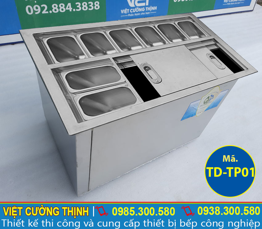 Góc phải Thùng chứa đá inox có khay topping