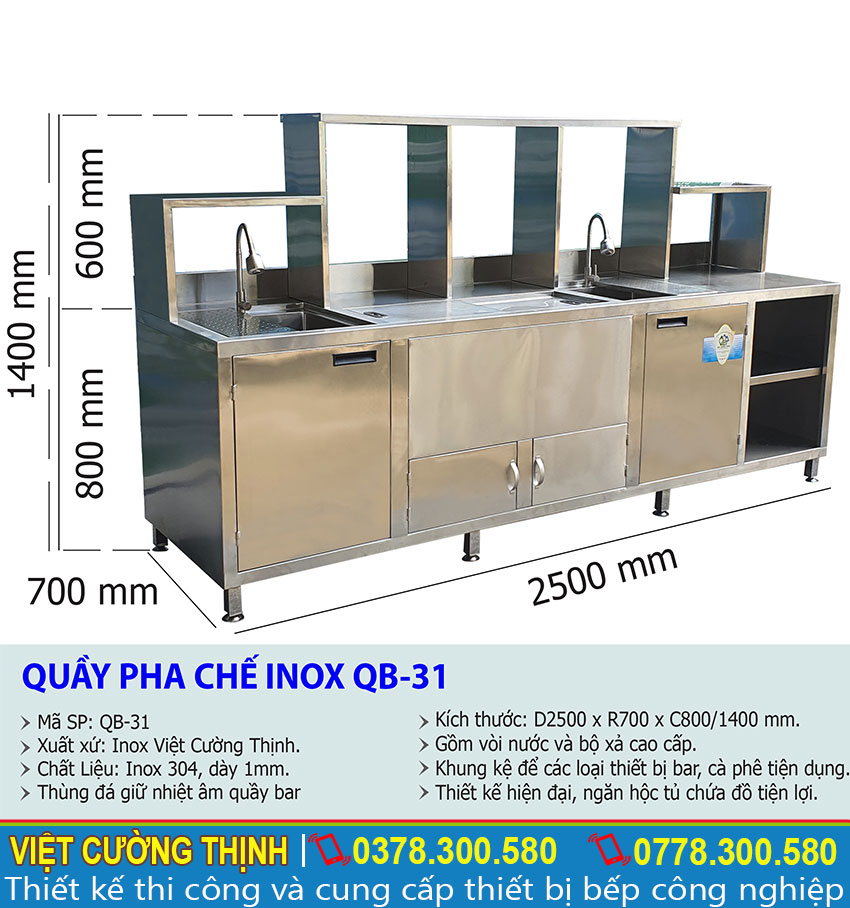 Thông số kỹ thuật quầy pha chế inox 304