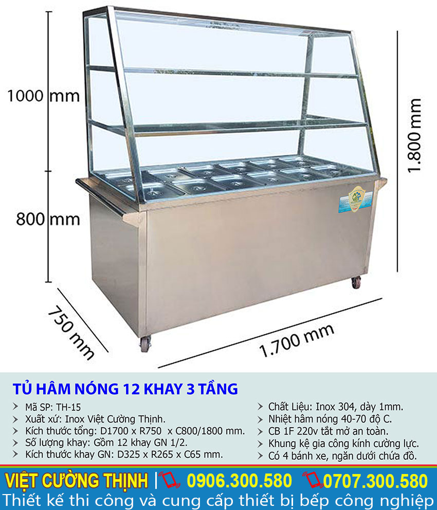 Kích thước tủ hâm nóng thức ăn 12 khay 3 tầng TH-15