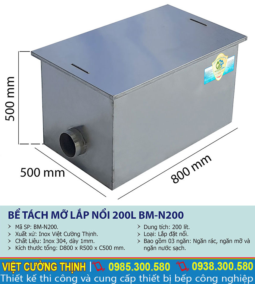 Thông số kỹ thuật bể tách dầu mỡ inox 200l công nghiệp BM-N200