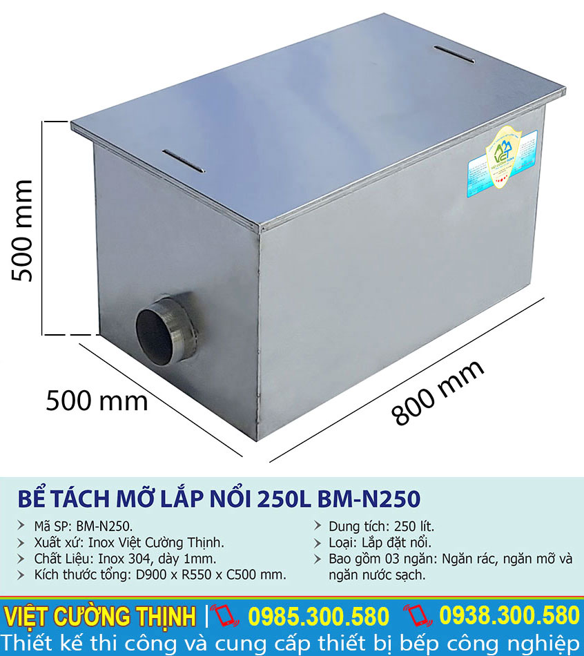 Thông số kỹ thuật Bể tách mỡ công nghiệp 250l BM-N250