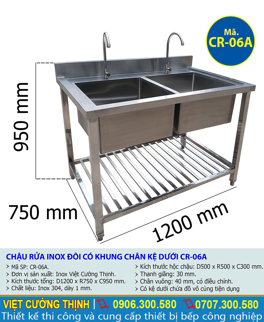 Tỷ lệ kích thước bồn rửa inox 2 hộc CR-06A
