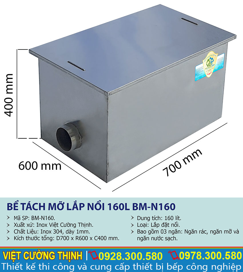 Thông số kỹ thuật bể tách mỡ inox 160 lít BM-N160
