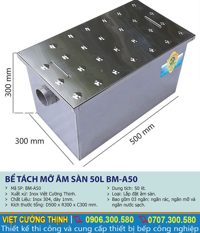 Thông số kỹ thuật bể tách mỡ âm sàn 50L BM-A50