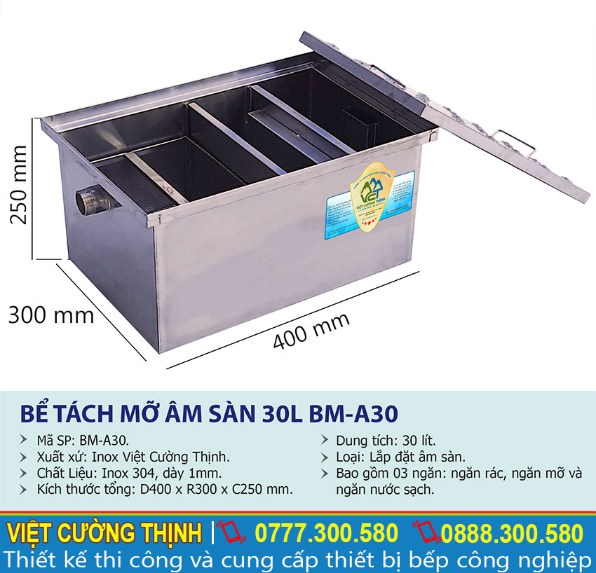 Thông số kỹ thuật bể tách mỡ gia đình 30L BM-A30