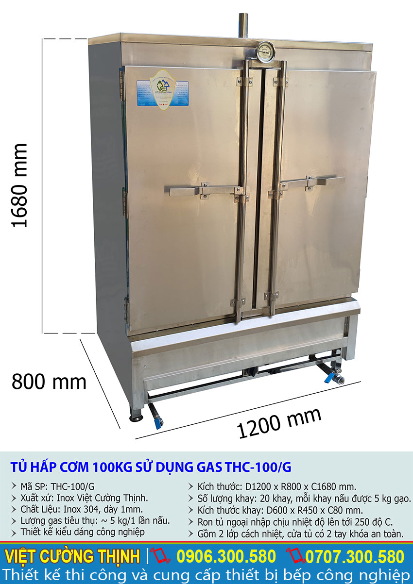 thông số kỹ thuật tủ hấp cơm sử dụng gas 100kg THC-100/G
