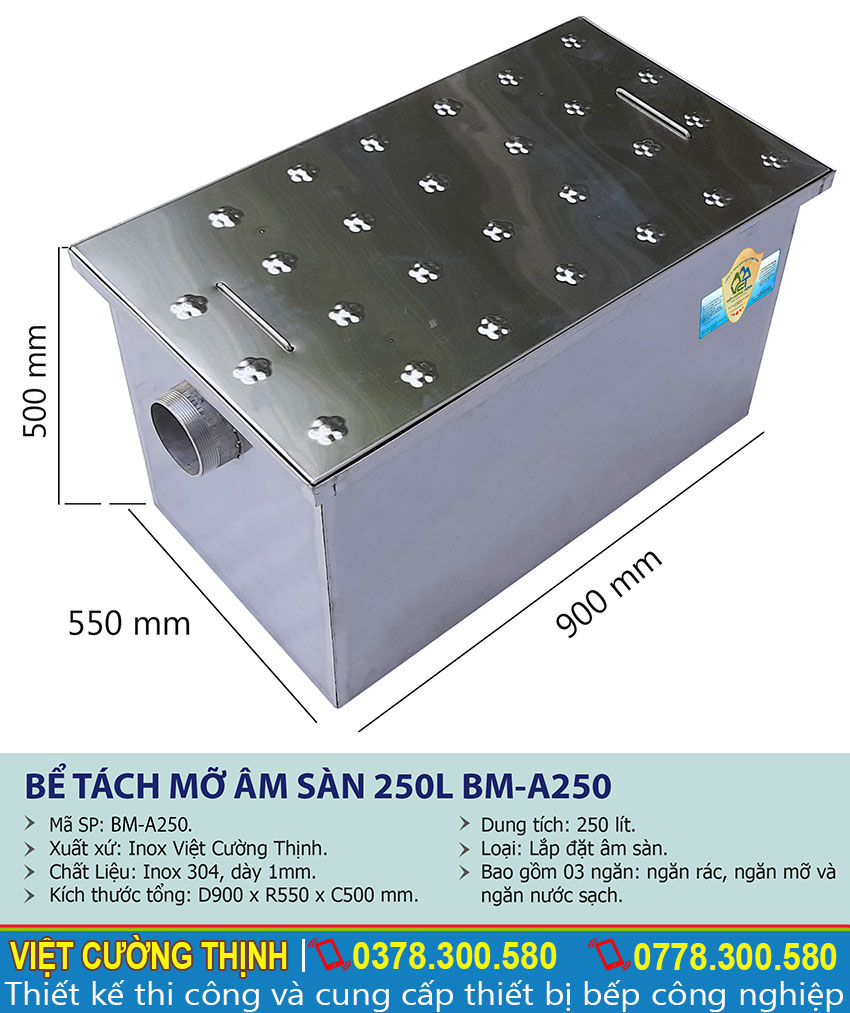 Thông số kỹ thuật Bẫy Mỡ Inox Nhà Hàng Âm Sàn 250L BM-A250
