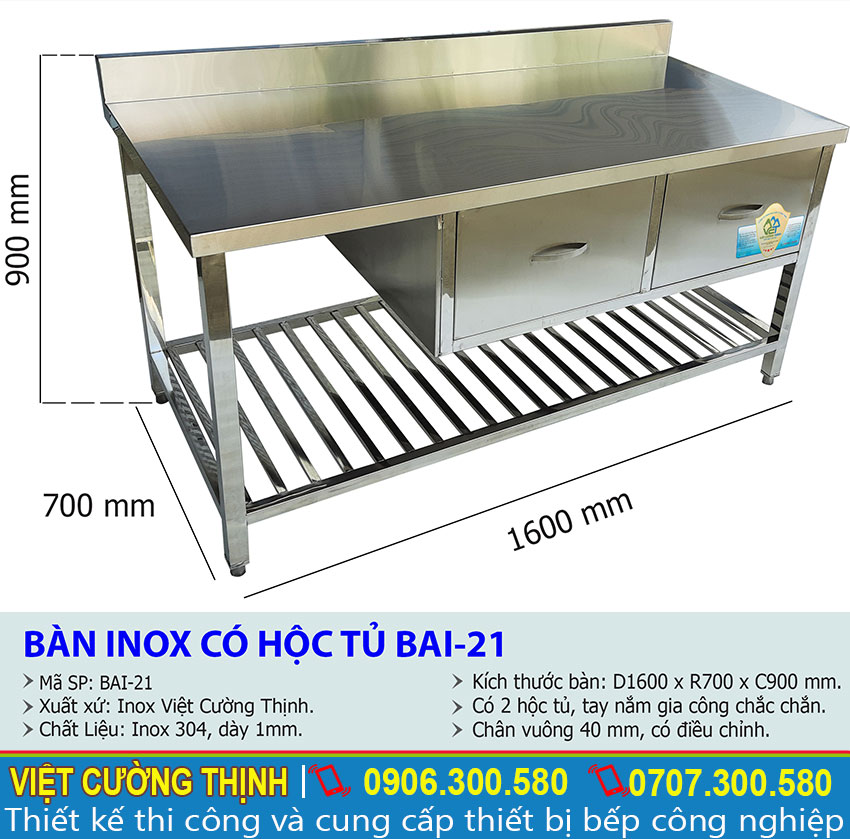 Thông số kỹ thuật Bàn inox có hộc tủ BAI-21