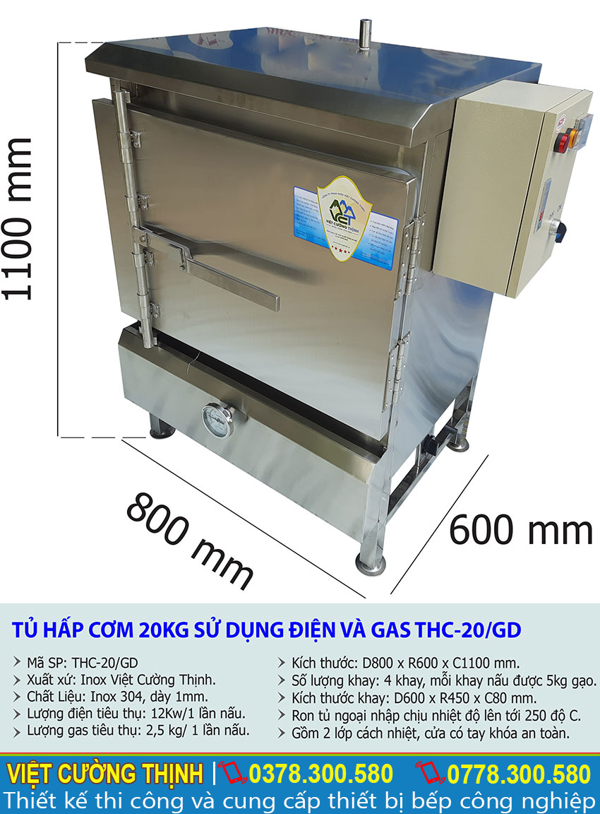 Thông số kỹ thuật Tủ hấp cơm 20kg sử dụng điện và gas THC-20/GD