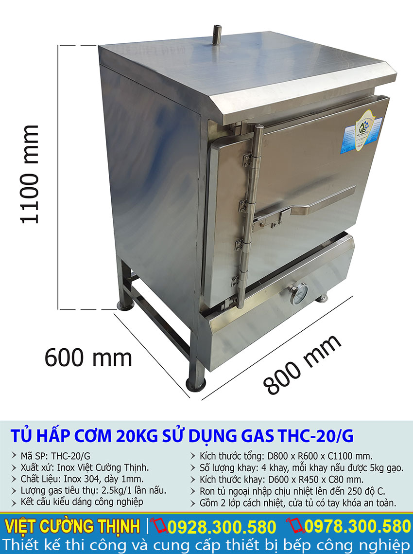 Thông số ký thuật Tủ hấp cơm 20kg sử dụng gas THC-20/G
