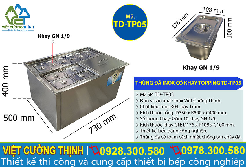 Tỷ lệ thùng đá inox kèm khay Topping TD-TP05