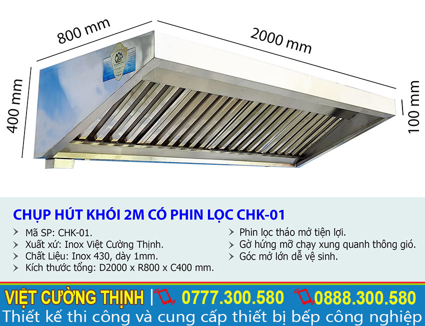 Cấu tạo của chụp hút khói inox công nghiệp tại Việt Cường Thịnh, Bên cạnh đó nếu hệ thống hút khói lớn sẽ có sản phẩm chụp hút khói mùi phù hợp cho quý khách.