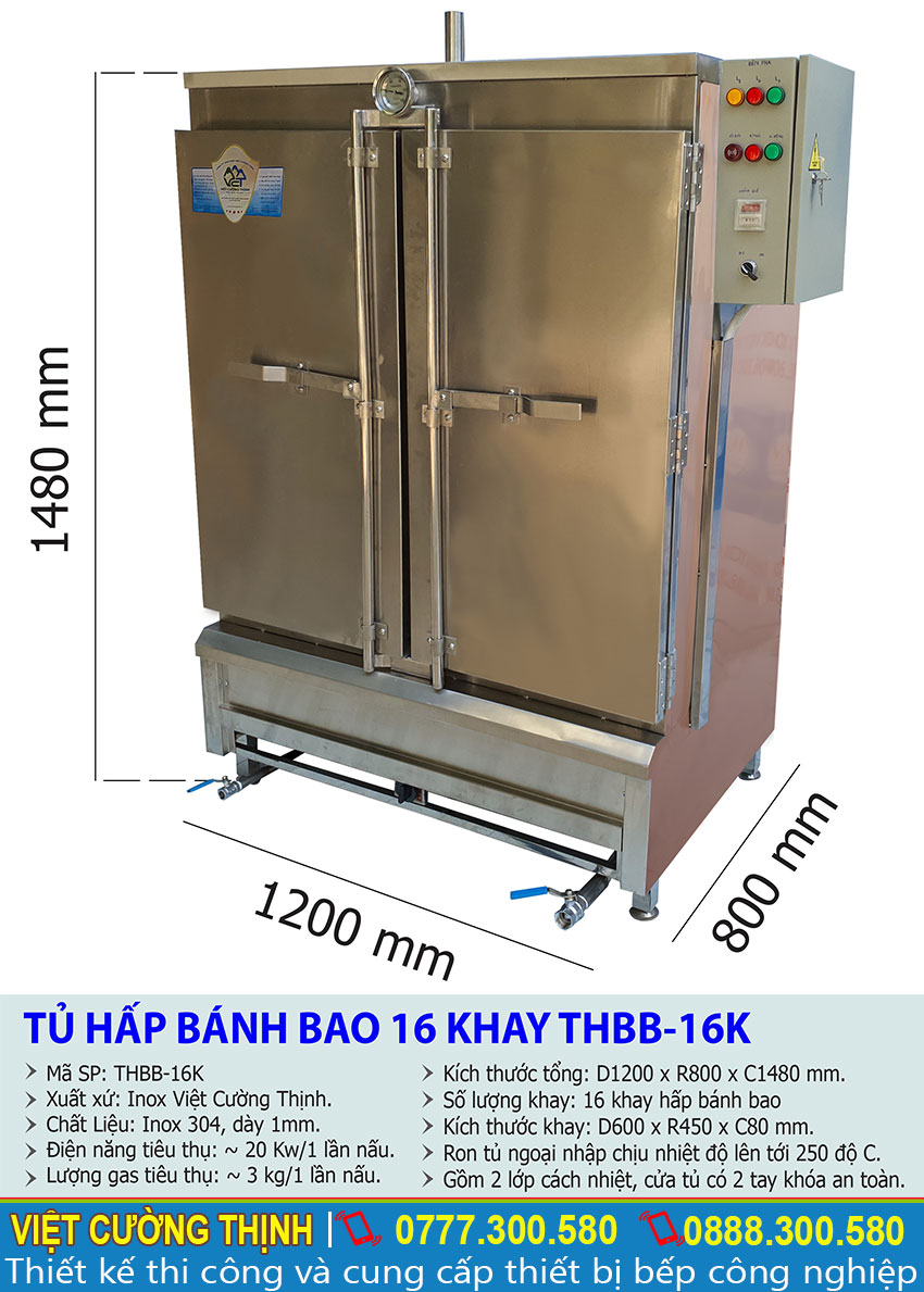 Thông số kỹ thuật tủ hấp bánh bao 16 khay THBB-16K