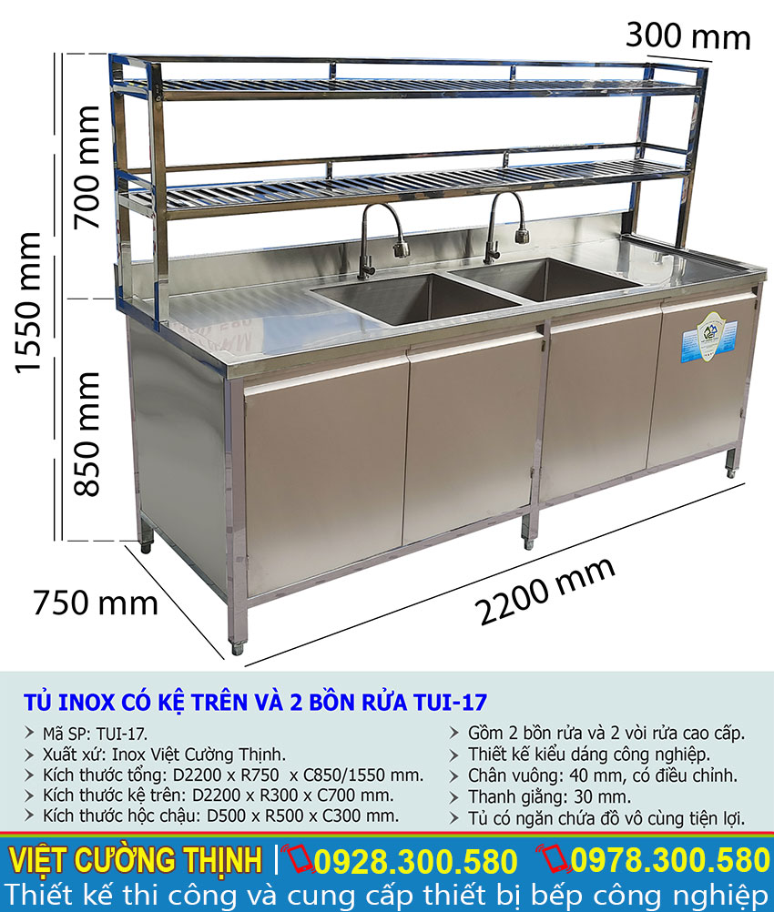 Kích thước tủ bếp inox có bồn rửa chén bát và kệ trên