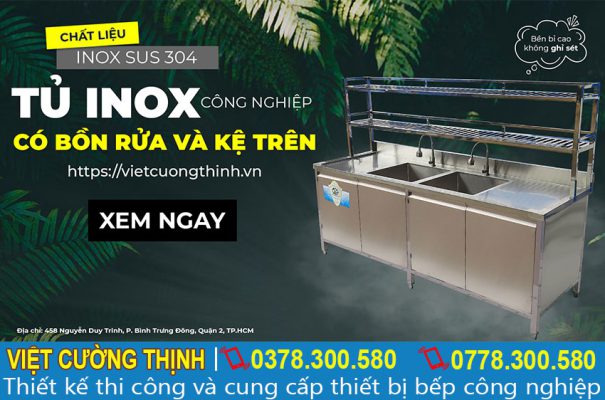 Tủ inox công nghiệp có bồn rửa và kệ trên