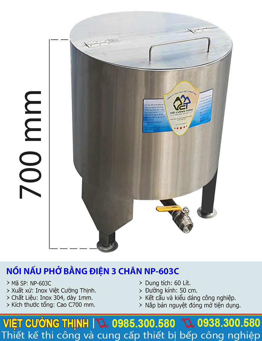 Tỷ lệ kích thước nồi nấu phở bằng điện 3 chân NP-603C