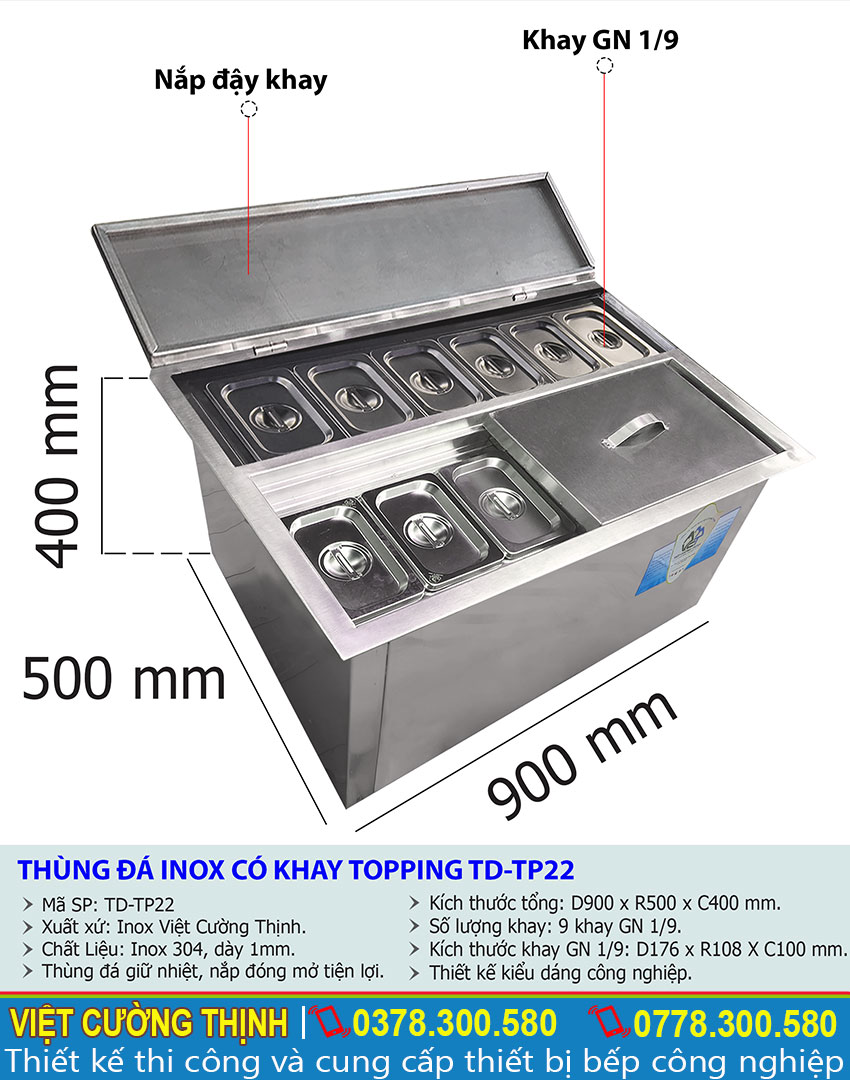 Tỷ lệ kích thước thùng chứa đá inox có khay topping TD-TP22