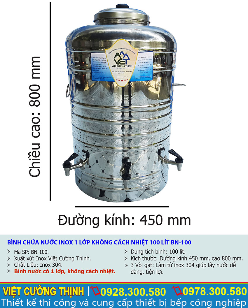 Tỷ lệ kích thước bình đựng nước inox 100 lít không cách nhiệt có 3 vòi gạt