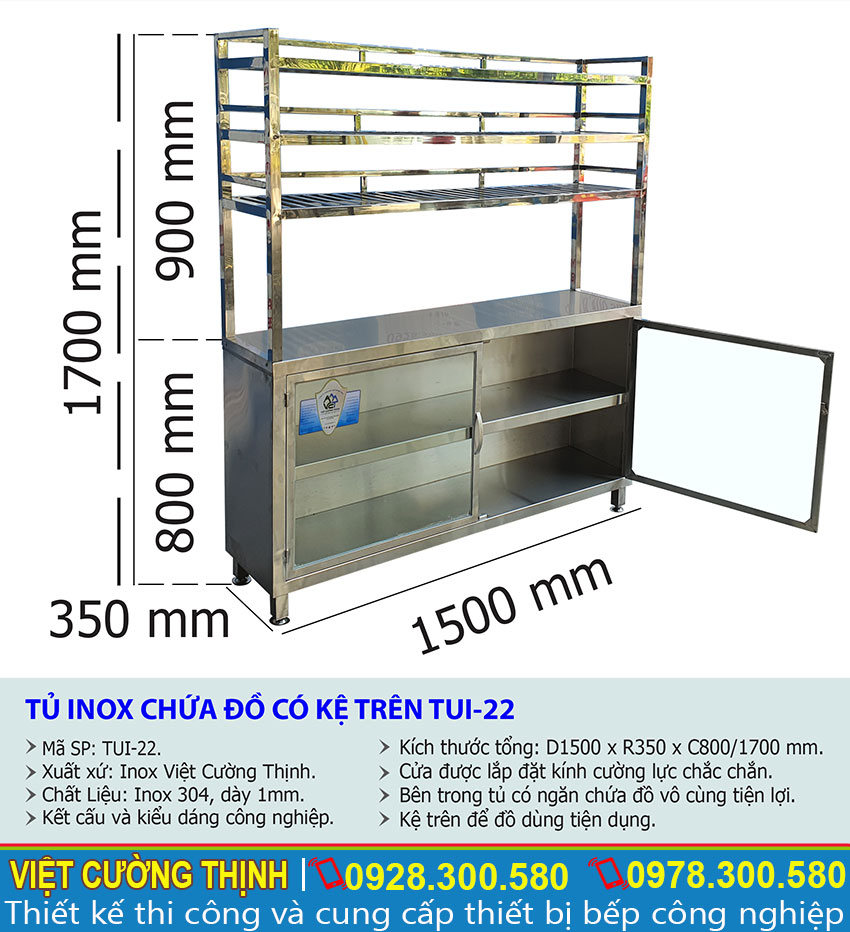 Kích thước của tủ đựng chén bát bằng inox có kệ úp chén tại Việt Cường Thịnh mã TUI-22