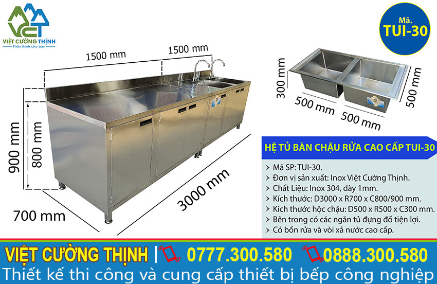 Tỷ lệ kích thước tủ bếp inox cao cấp TUI-30