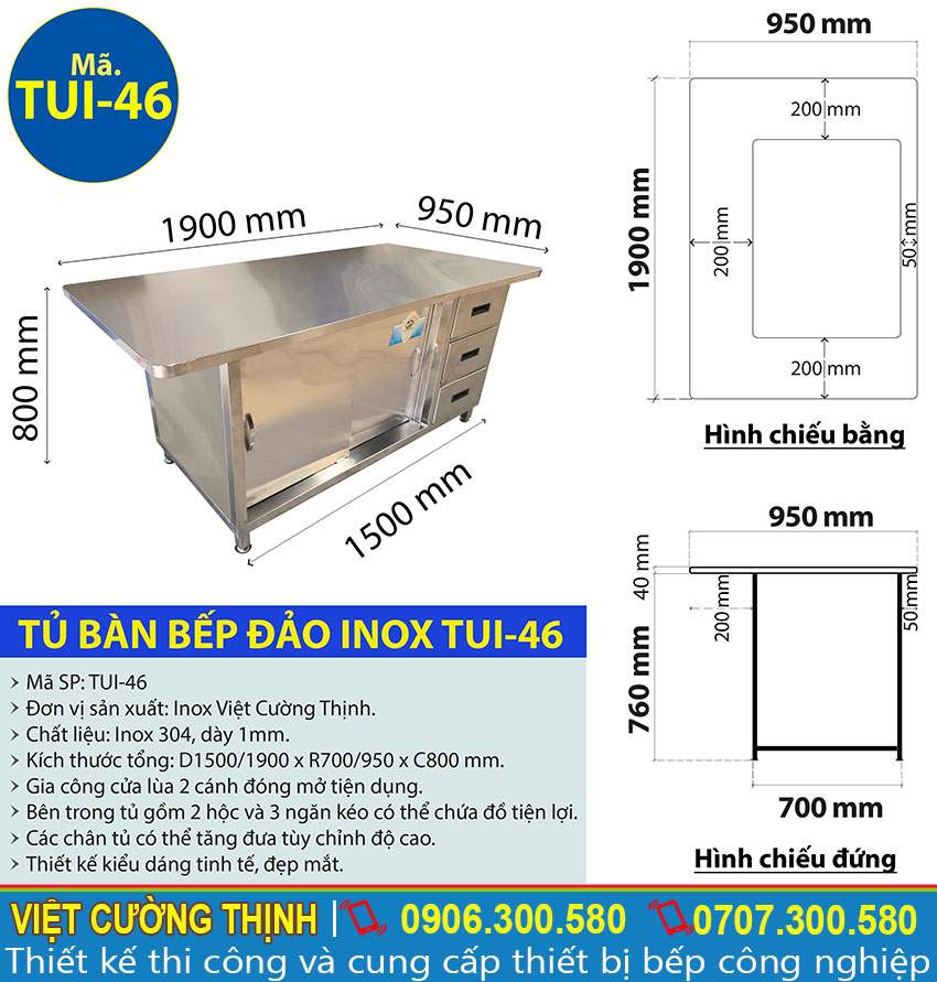 Tỷ lệ kích thước tủ bàn bếp đảo inox TUI-46
