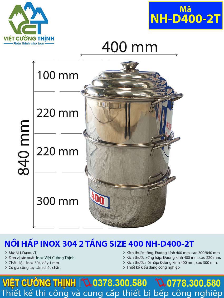 Tỷ lệ kích thước nồi hấp inox 304 2 tầng size 400 NH-D400-2T