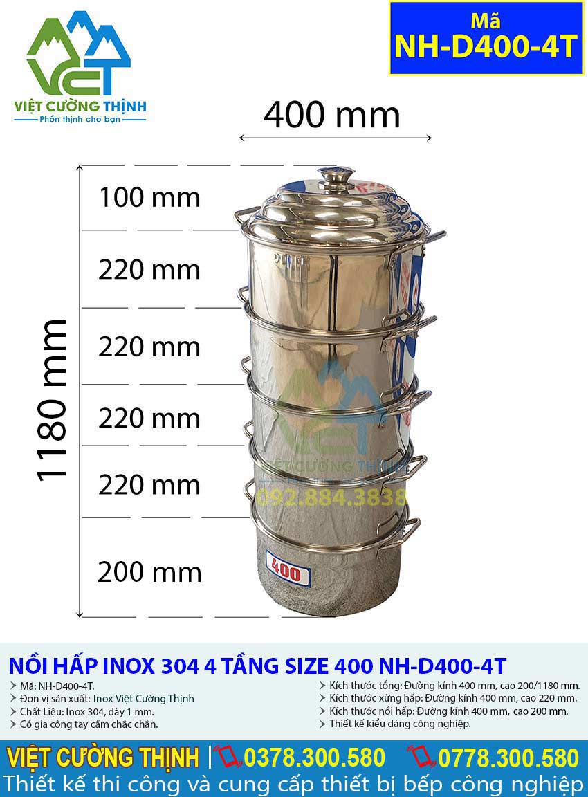 Thông tin: Thông số kỹ thuật nồi hấp inox 304 4 tầng size 400 NH-D400-4T