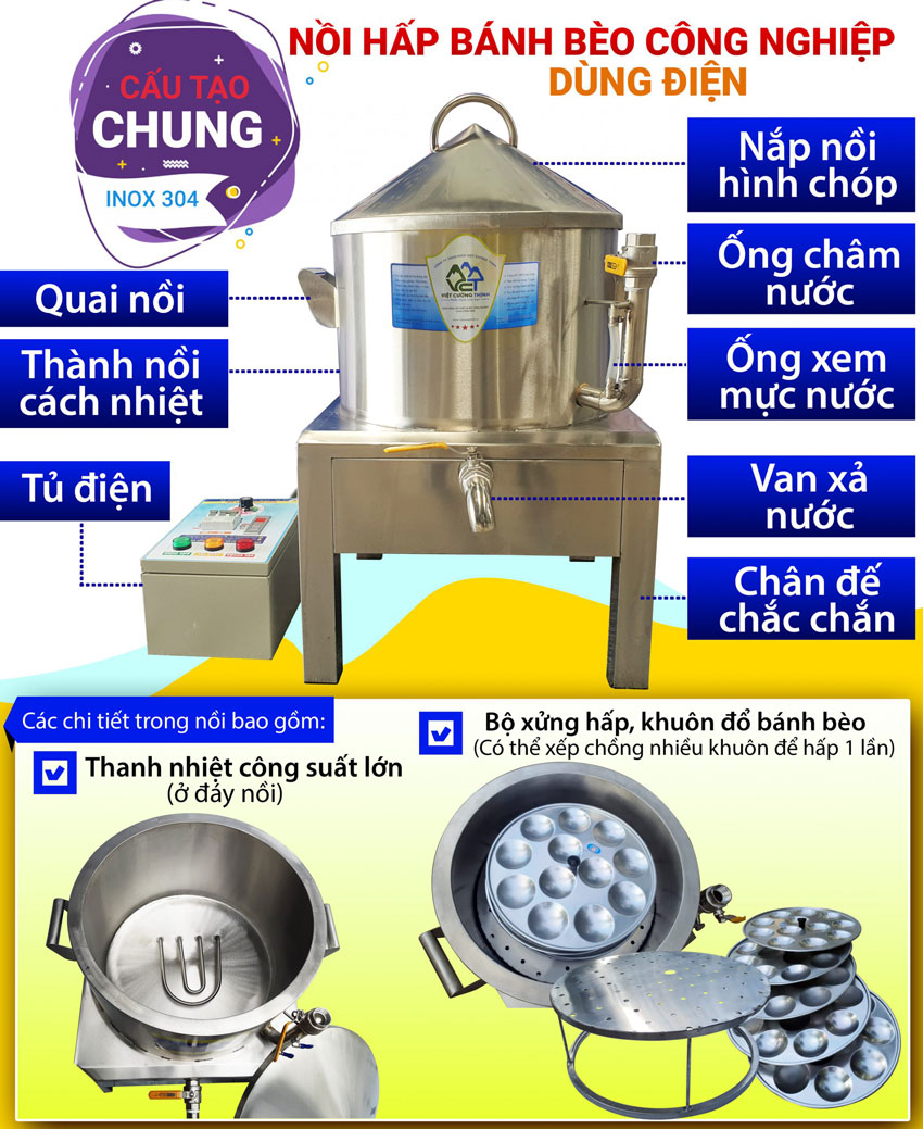 Cấu tạo nồi điện hấp bánh bèo công nghiệp, nồi hấp bánh bèo xoáy ngon chất lượng giá tốt tại xưởng Việt Cường Thịnh.