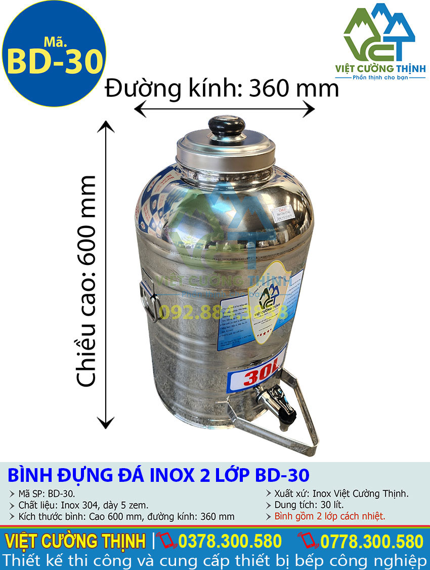 Tỷ lệ kích thước bình đựng nước inox 2 lớp có vòi gạt 30L